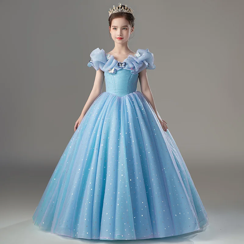 

Kids Formal Occasion Dresses for Girls Princess Costume Long Luxury 2023 Party Gown Children Evening Pageant Blue Dress Cosplay