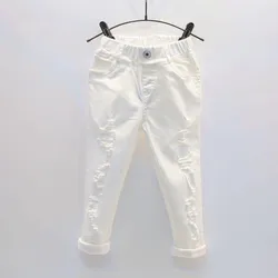 2024 autumn Baby girls Boy White Denim Jeans Pants Children's Ripped Trousers Kids Broken Toddler Leggings 2 3 4 5 6 7 Years