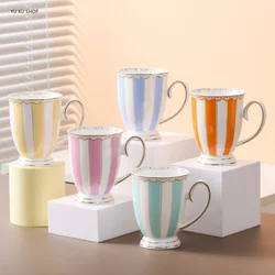European Ceramic Cute Mug Beautiful Tea Mugs Stripe Candy Mark Mug with Lid Spoon Office Home Coffee Milk Single Cup Drinkware