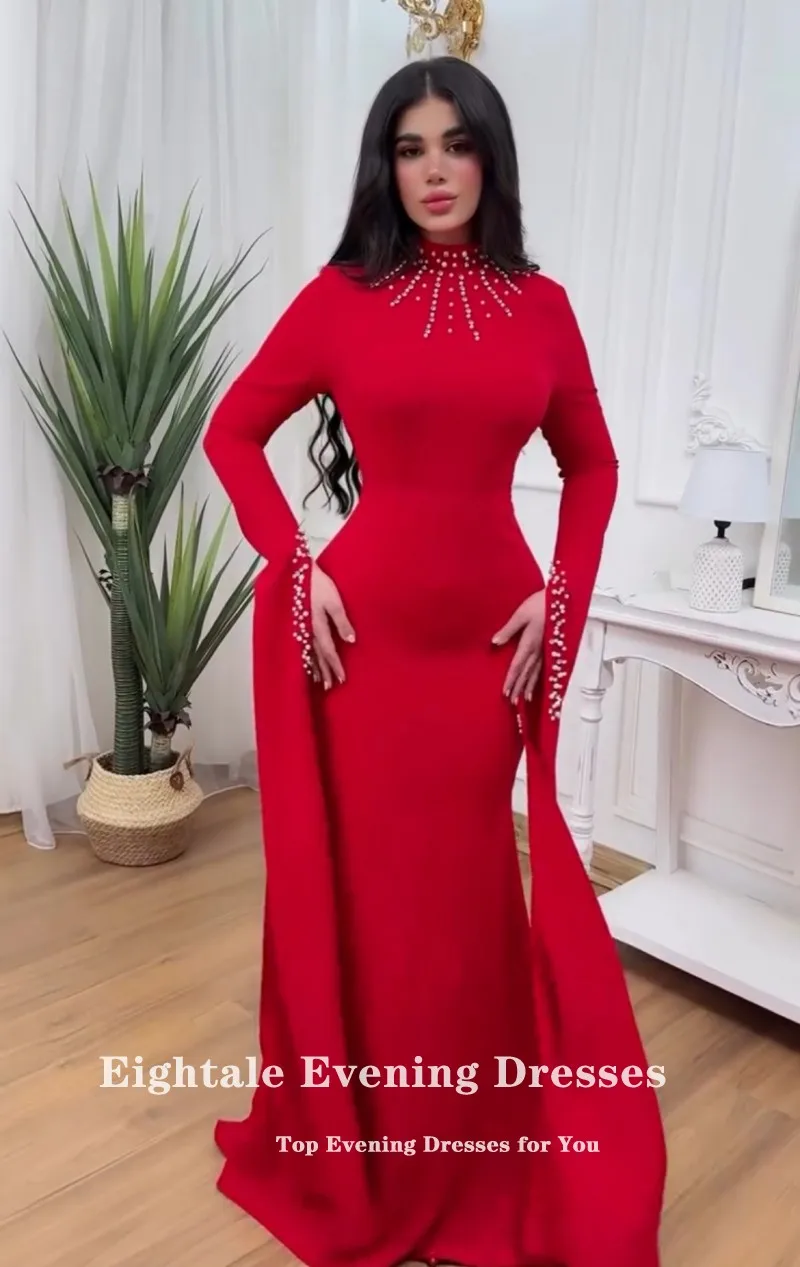 Eightale Arabische avondjurk hoge hals kralen lange mouwen aangepaste zeemeermin moslim bruiloft feestjurk vestido de noche