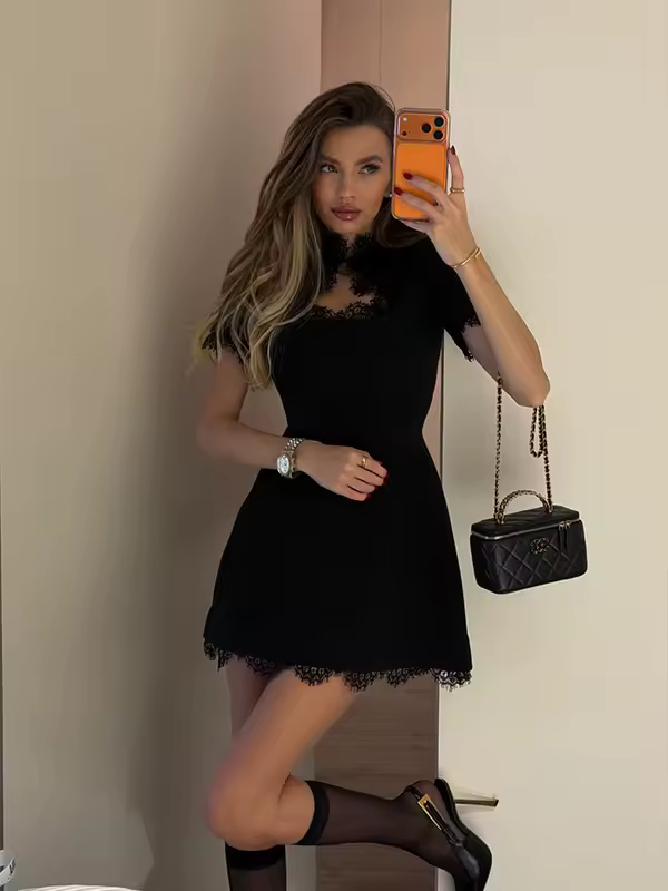 Ahagaga Sexy Women's Mini Dresses Patchwork Short Sleeves Lace Hollow Out Slim Fit Trend Baisc Turtleneck Streetwear Female Robe - Image 4