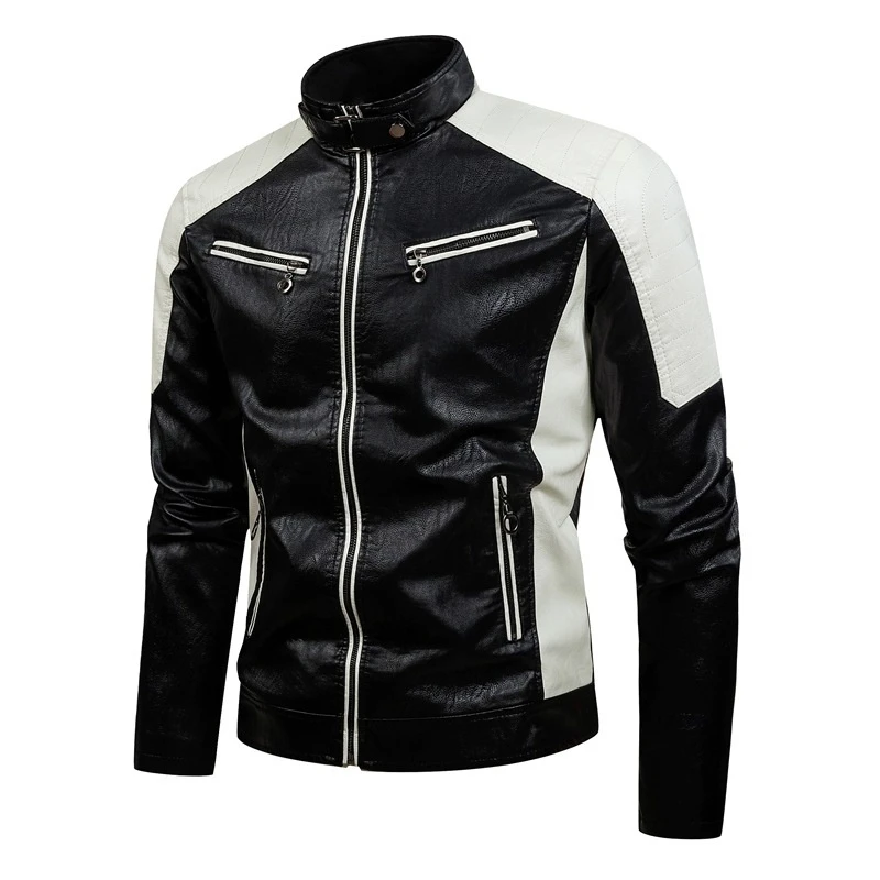 

New Fashion PU Leather Motorcycle Jacket Men's Stand Collar Contrast Lightweight Motorcycle Jacket Casual Outerwear
