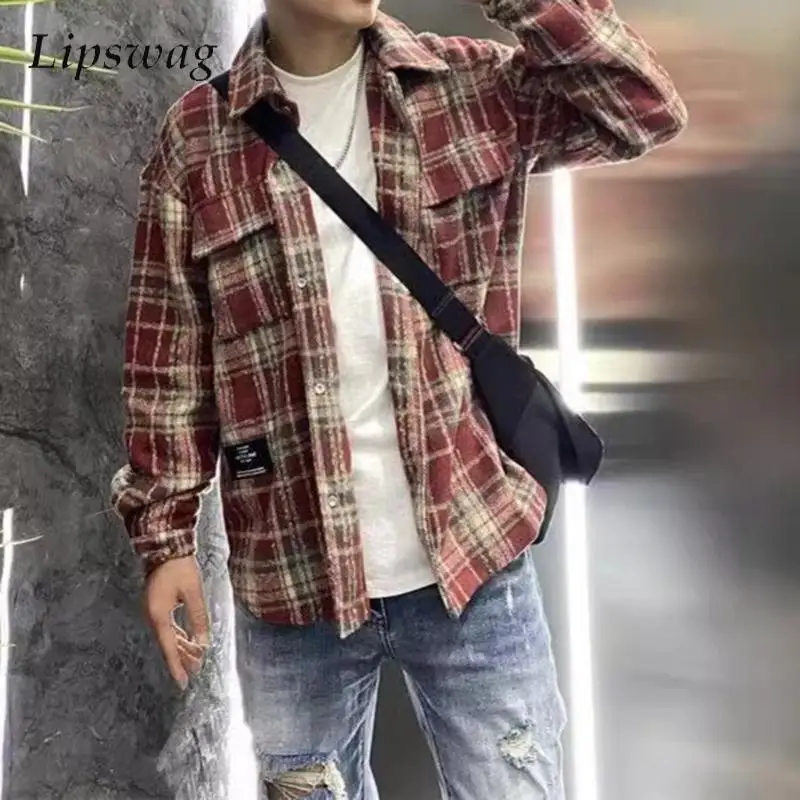 

Vintage Lapel Button-up Woolen Plaid Shirts For Mens 2024 Fall Streetwear Fashion Loose Long Sleeve Woolen Cardigans Men Shirt