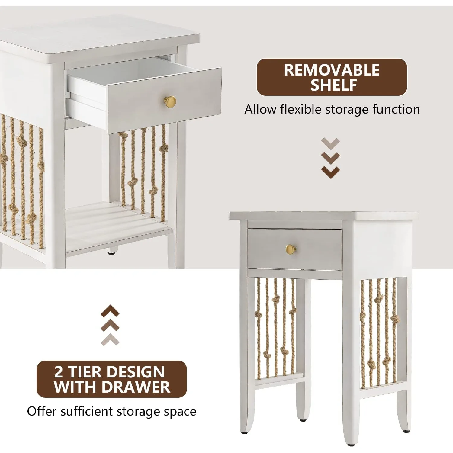 Juego de 2 mesitas de noche de granja, mesa auxiliar de 2 niveles, mesa auxiliar de MDF con decoración de cuerda de cáñamo, mesa decorativa de madera con cajón de almacenamiento, color blanco