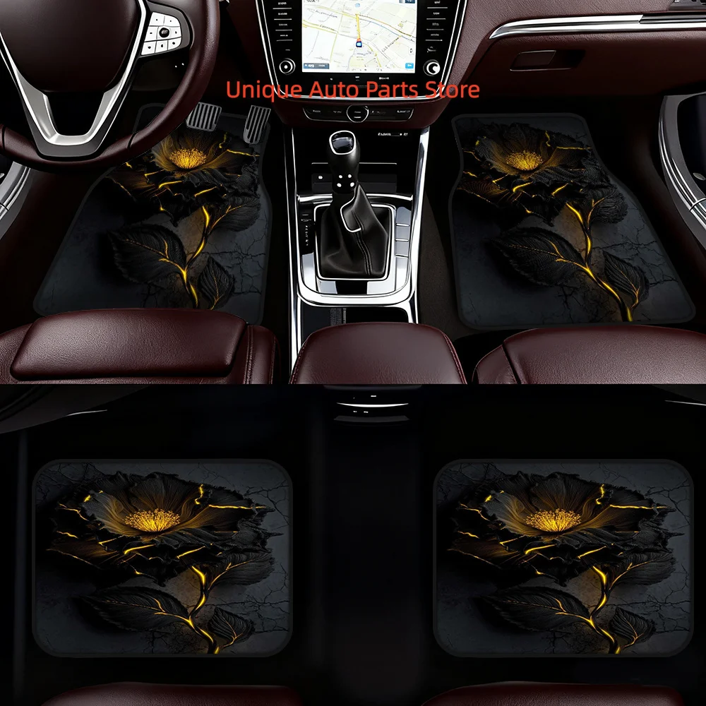 

4pcs Car Floor Mats Featuring Black Flower Glow Pattern, Suitable for Family Travel or Daily Driving, Including Easy to Clean Su