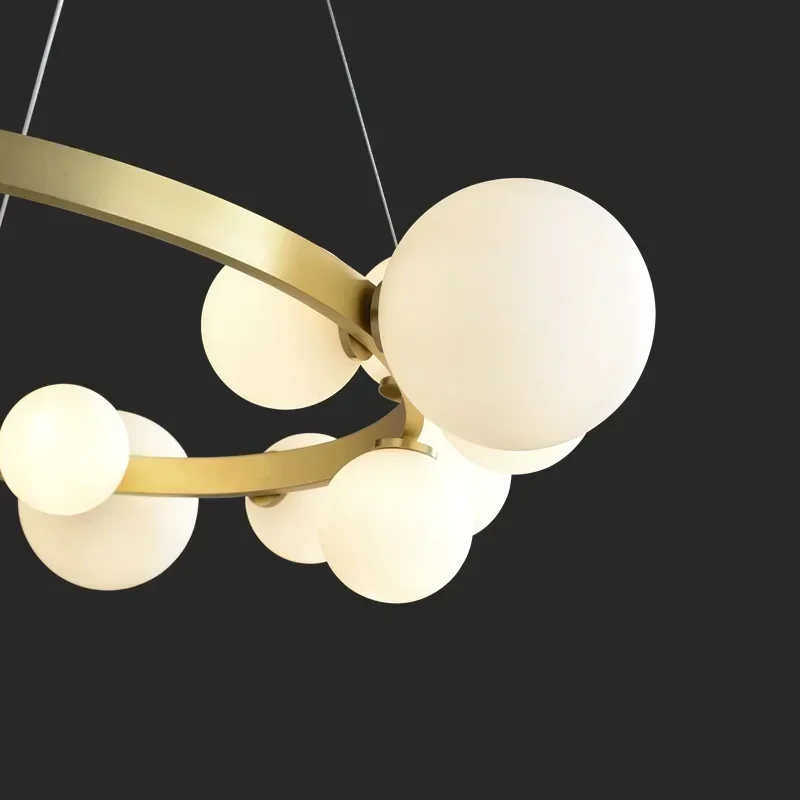 Moden Simple Gold Ring-shaped LED Chandelier White Glass Ball Pendant Light Living Room Bedroom Restaurant Kitchen Hanging Lamp