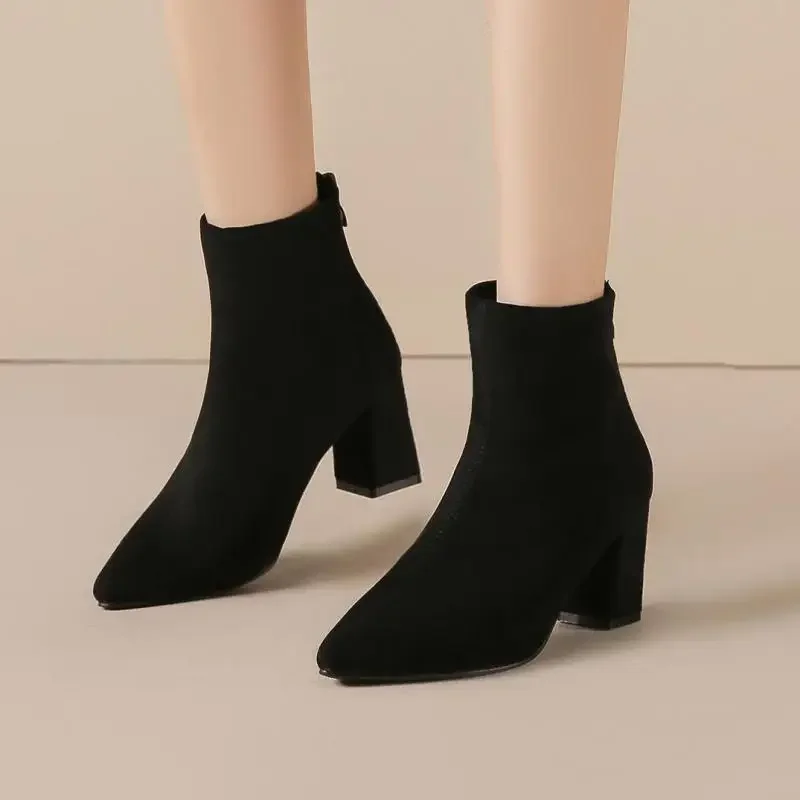 Small Size 31-43 Pointed Toe Thick Heel 7cm High Heels Plus Size Ankle Boots Winter Warm Short Boots For Women