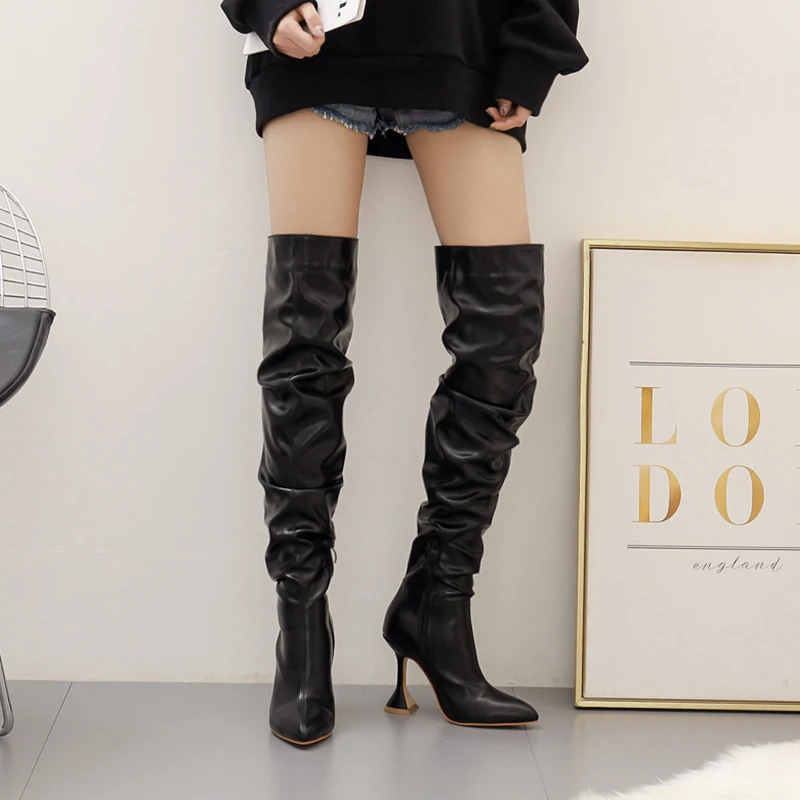 

Pointed Solid Color PU Leather Women's Boots Winter Over Knee Boots Simple Ladies Cup Heel Long Boots Fashion Sexy Women's Shoes