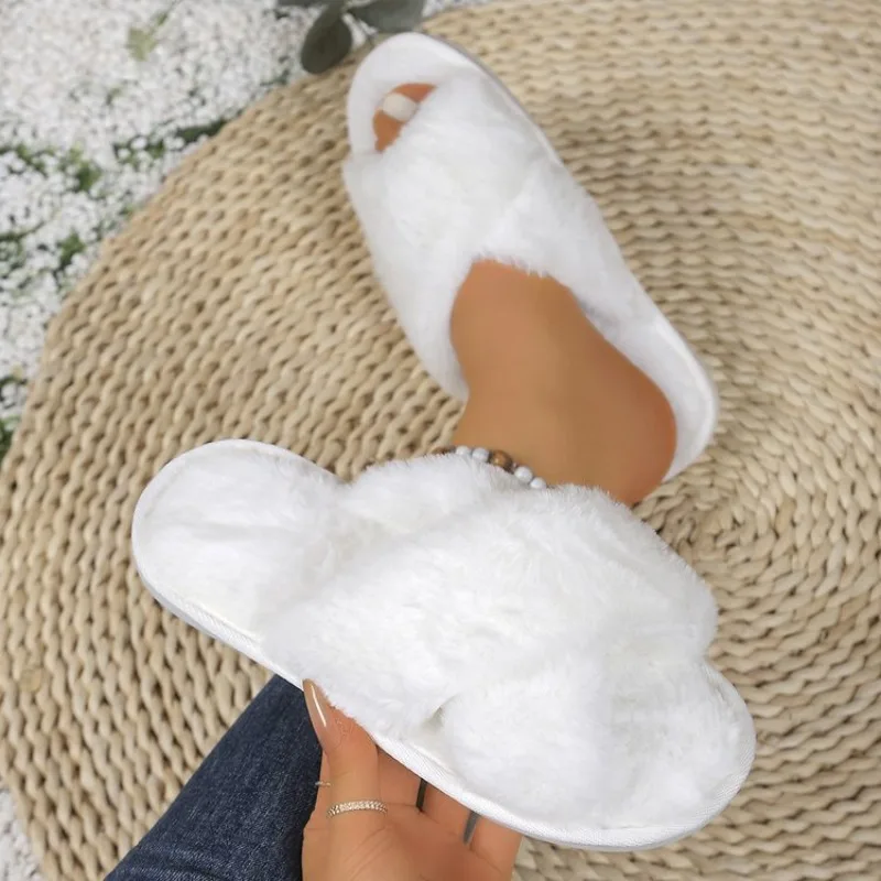 

Feslishoet Women Fuzzy Slippers Cross Band Soft Plush Cozy House Shoes Furry Open Toe Indoor Outdoor Slip Warm Anti Skid Sole