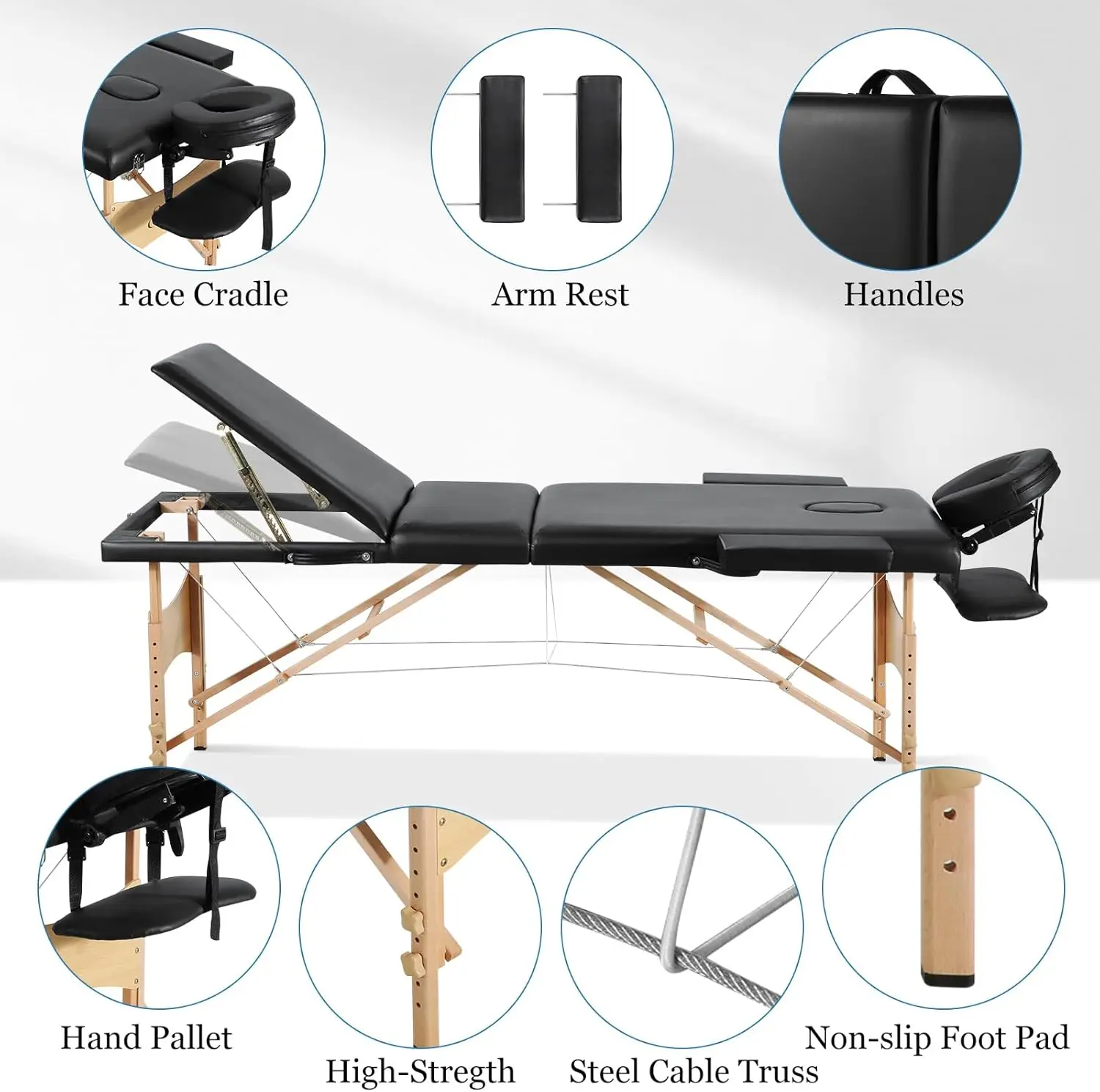 Mesas de masaje Cama de pestañas portátil para extensiones de pestañas Mesa de tatuaje de 73 pulgadas de largo Altura ajustable Profesional 3 pliegues Lightwei