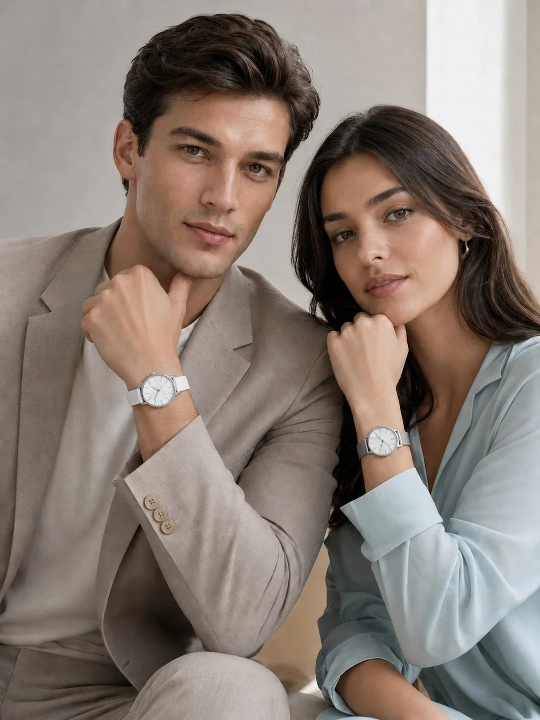 2Pcs Lovers Watch Set Classic Minimal Mesh & Leather Strap Analog Quartz Wristwatch Men Women Fashion Couple Matching Timepieces