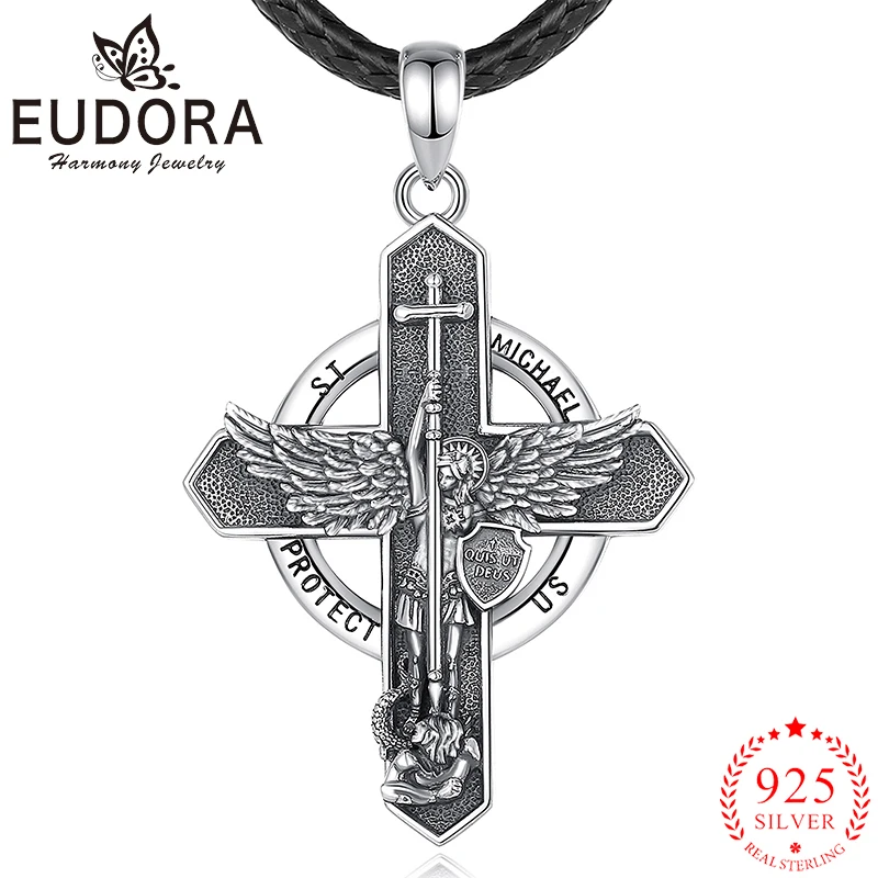 Eudora 925 Sterling Silber st. Michael Erzengel Halskette Vintage Kreuz Amulett Anhänger religiösen Schmuck Party Geschenk für Männer Frauen