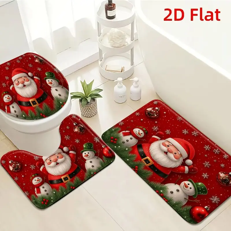 VIKAMA Santa Snowman Bathroom Rug Set 3 Piece Christmas Non Slip Absorbent Bath Mat Toilet Lid Cover For Shower Tub Xmas Decor
