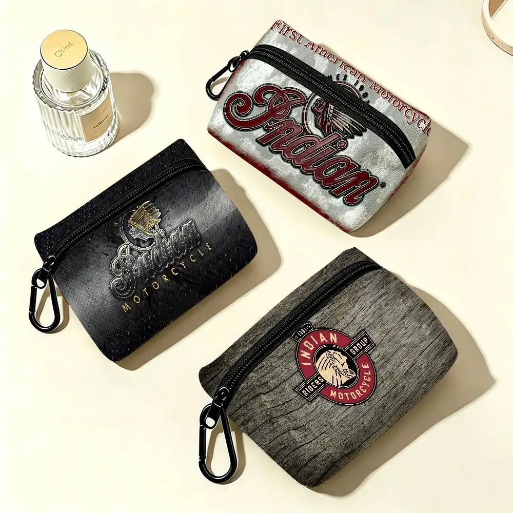 I-Indian M-Motorcycle White Oxford Cloth Zipper Coin Purse Lightweight Hanging Key Pouch Card Holder For Daily Use