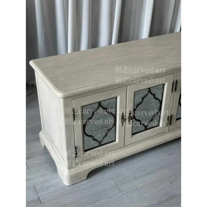 G Living room home retro white oak metal glass TV cabinet solid wood