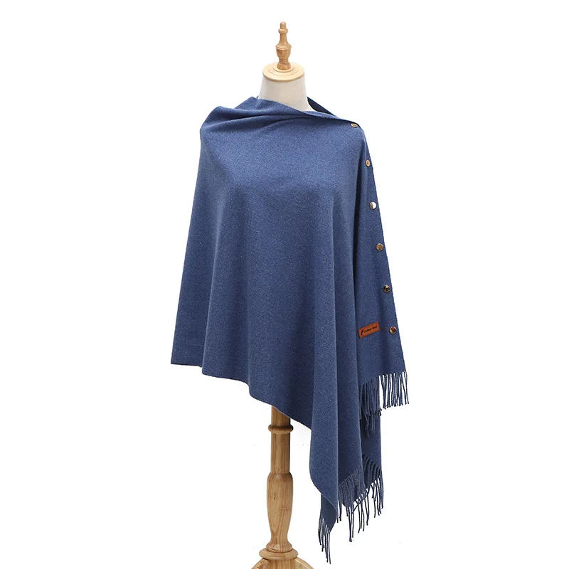 2022 Spring Autumn Women Imitation Cashmere Lady Shawl Warm Pure Color Tassel Cloak Scarf Dual Purpose Poncho Capes Dark Gray