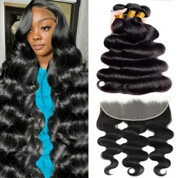 26 28 30 Inch Brazilian Body Wave Human Hair with 13x4 Frontal Wavy Bundles Remy Human Hair Tissage Hair Weaves Deal and Frontal