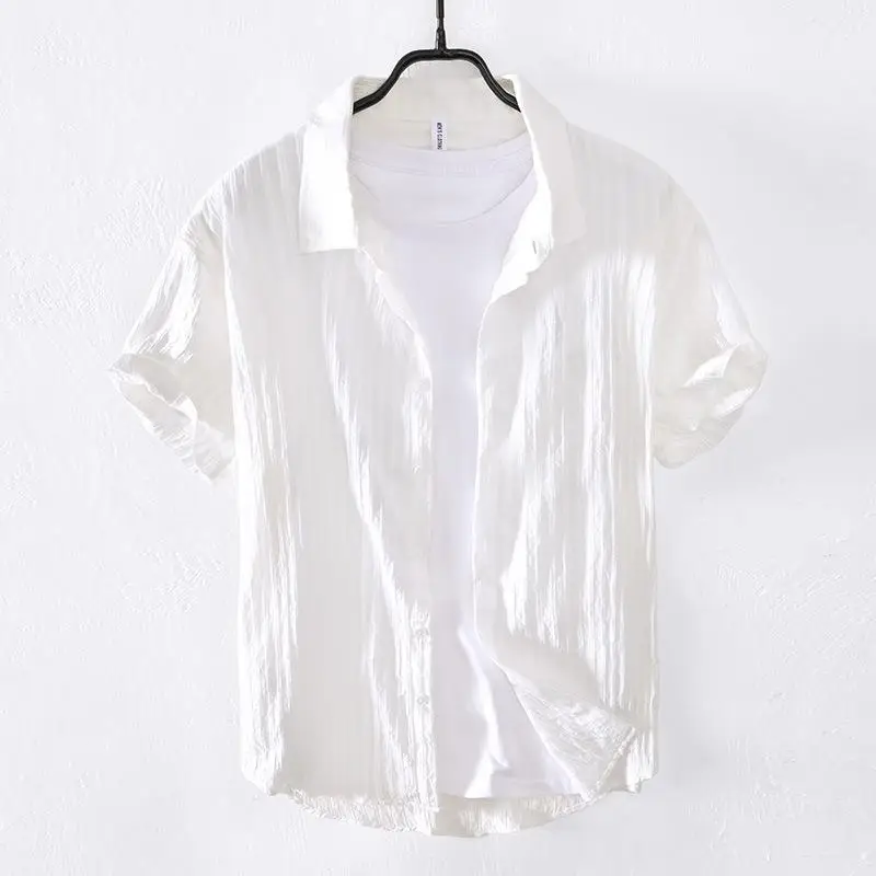 Summer Short Sleeve White Shirt Men Japanese Style Casual Shirts Vertical Textured Shirts Male Cool Tops Daily Simple Clothing
