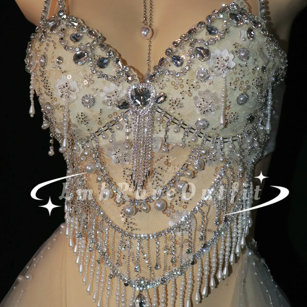 White Rhinestone Pearl Chain Bikini Rave Outfit Women 2 Piece Mesh Skirt Music Festival Costume Bar Nightclub Stage Performance view 6
