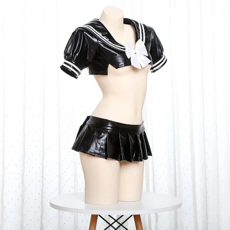 Mulheres Anime PU Terno de Marinheiro de Couro, Laço Vermelho Lapela Cosplay Traje, Mini Saia Roupas, Uniforme Estudantil, Doce Garota, Japonês, Bonito