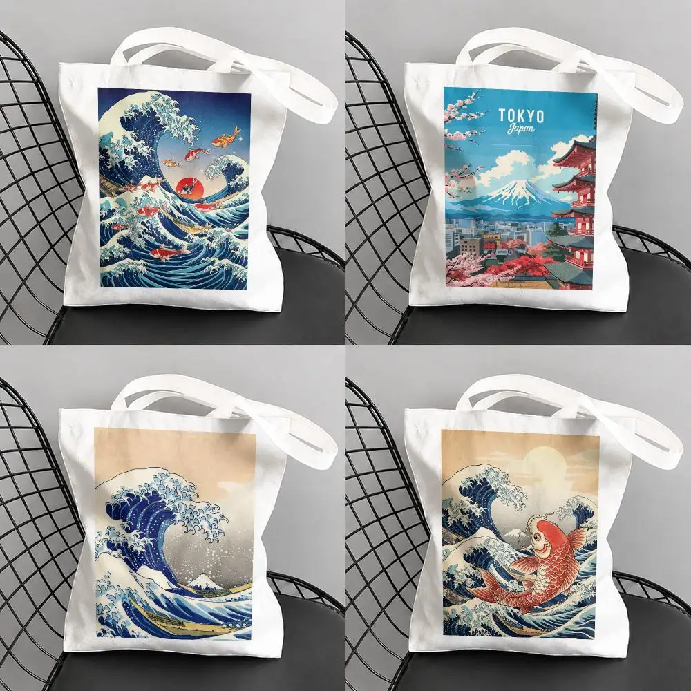 Bolsas de almacenamiento con motivos de la montaña Fuji y el estilo Ukiyo-e de Japón. Bolsa de lona grande con estampado a doble cara, reutilizable, para llevar al hombro o en la mano, ideal para las compras diarias.