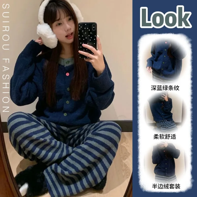 Winter Half Fleece Pajamas Women Korean Students Striped Thickened Home Clothes Plush Knitted Round Neck Loungewear Warm Outfits