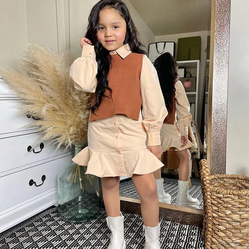 New Fashion Long Sleeve Princess Dress + Knitted Vest 2Pcs Outfit Spring Autumn Girls Clothing Sets 1 2 3 4 5 6 Yrs Kids Clothes