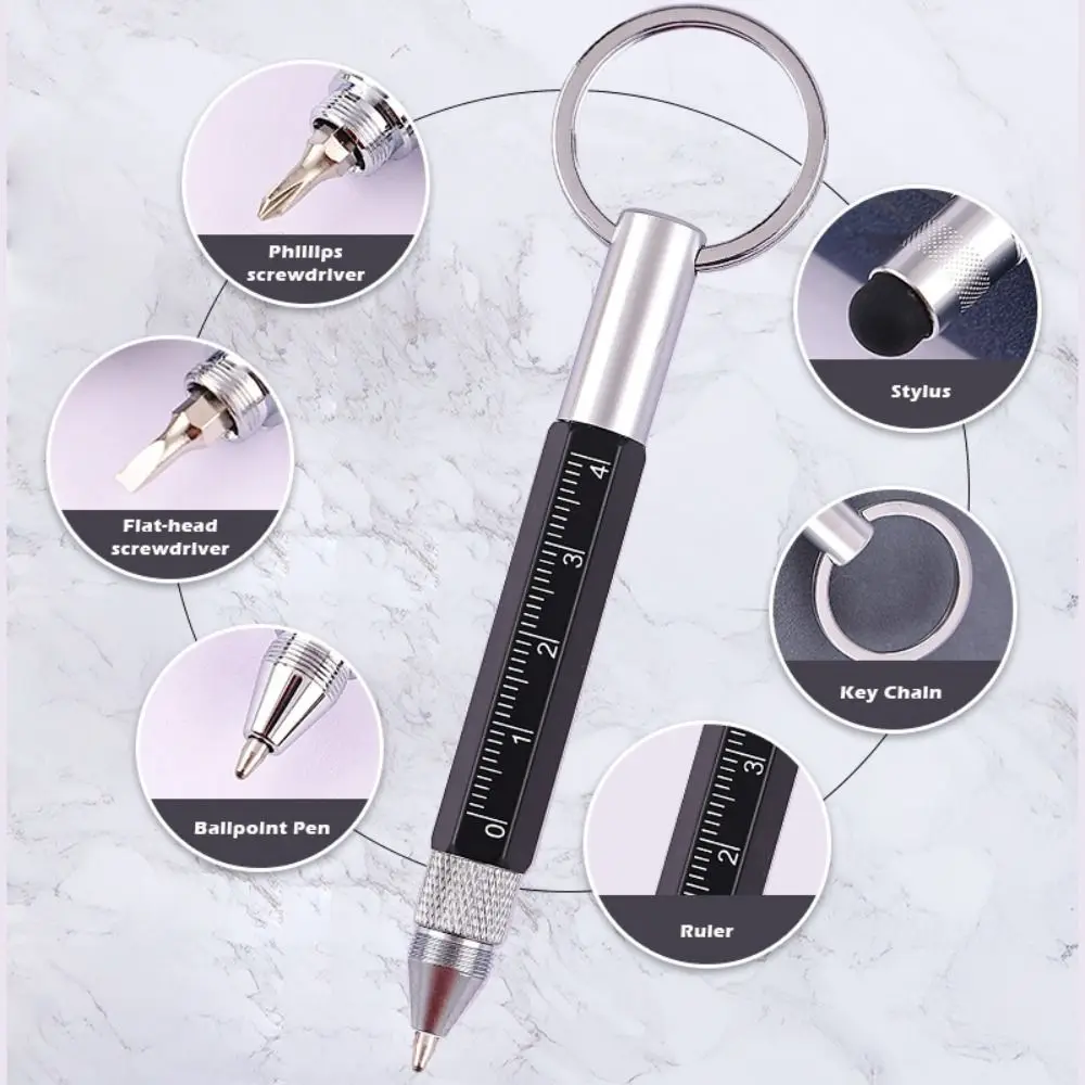 Metal Multitool Pen 6-in-1 with Screwdriver/Ruler/Stylus Ballpoint Pen Short Style Woodworking Pen Construction Tools