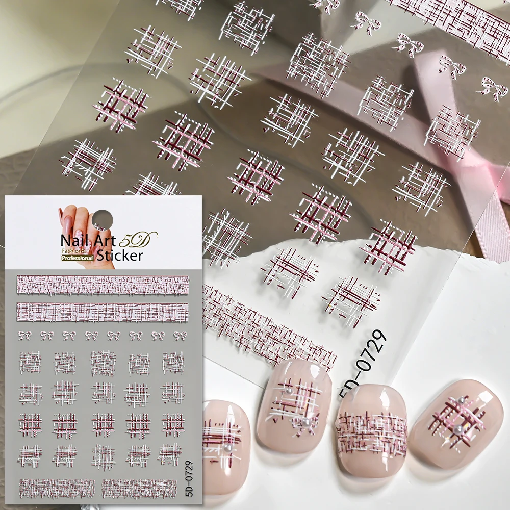 1Pcs 5D Embossed Red White Plaid Bow Nail Stickers Tweed Style Self-Adhesive Nails Decals Sweet Grid Lines Manicure Decorations