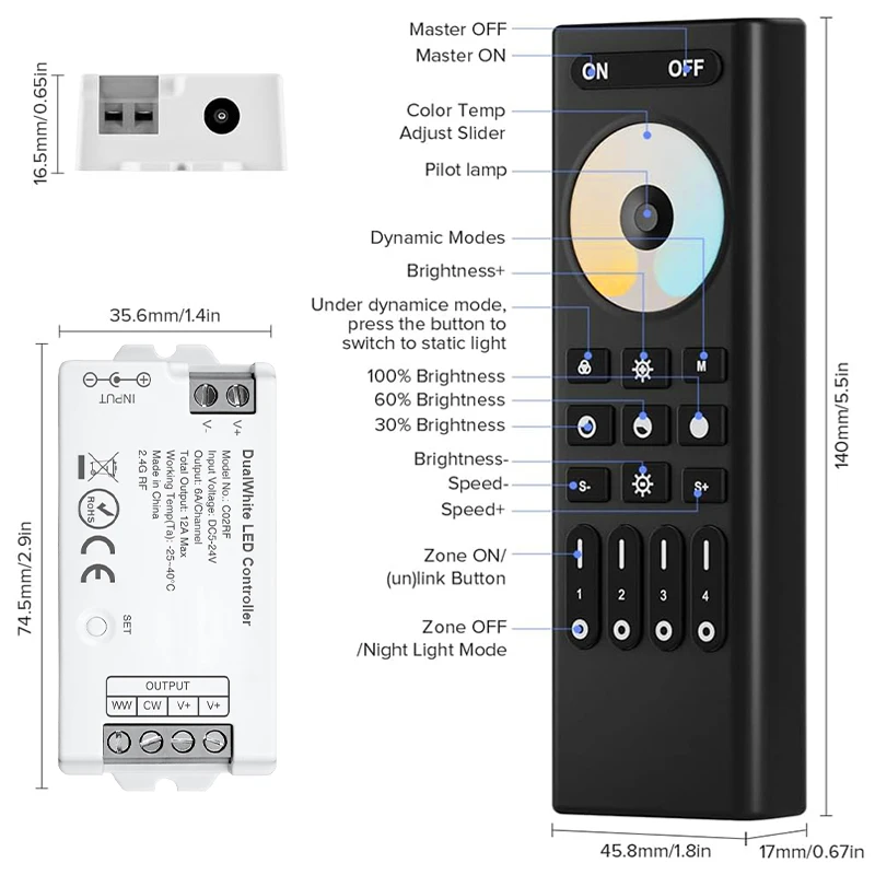 C02RF 2.4GHz CCT LED Controller Brightness Adjustable Gateway for FCOB CCT LED Light Strip DC5-24V Supporting Facilities RC02
