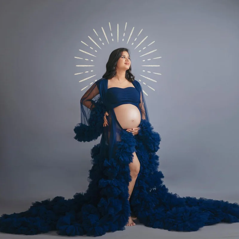 

Sexy See Thru Puffy Ruffles A Line Maternity Dress Tulle Pregnancy Dresses Navy Blue Open Front Long Robes Photo-shoot Gowns