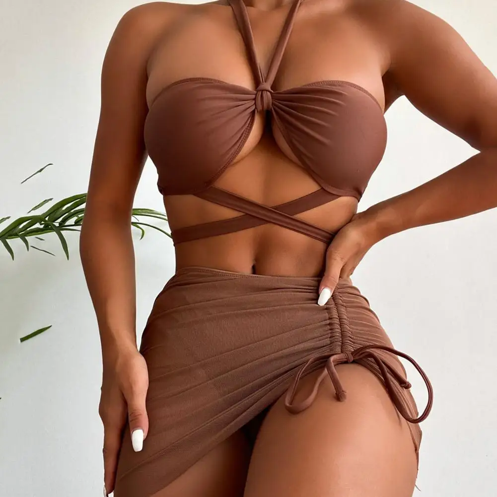 

Pleated 3 Pcs/Set Chic Eye-catching Summer Bikini Set Beachwear Summer Bikini Set Breathable for Travel