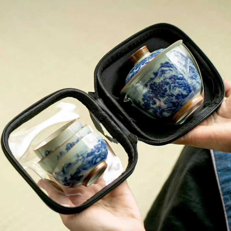

Chinese Retro Blue and White Porcelain Tea Cup Portable One Pot Two Cups Three Cups Travel Kung Fu Tea Set