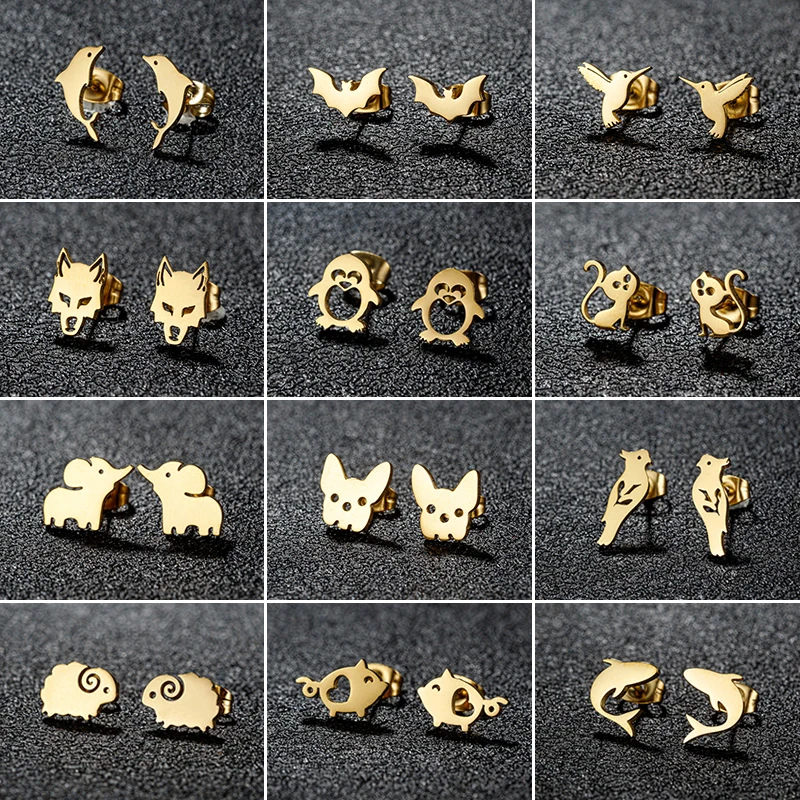 Fashion Various Animal Earrings for Women Cute Shark Sheep Parrot Pig Bat Stud Earrings Piercing Stainless Steel Jewelry