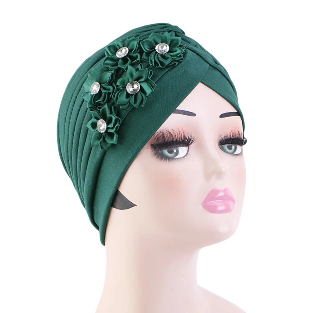 Women Turban National Style Muslim Hijabs Diamond Flower Beanie Elastic Head Wrap Cap Chemo Headwear Accessories