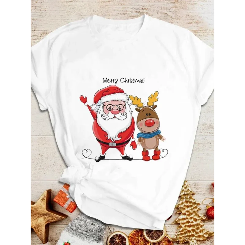 Women Christmas Santa Snowman Penguin Reindeer Graphic T-shirt Cute Xmas Cartoon Casual Short Sleeve Tee