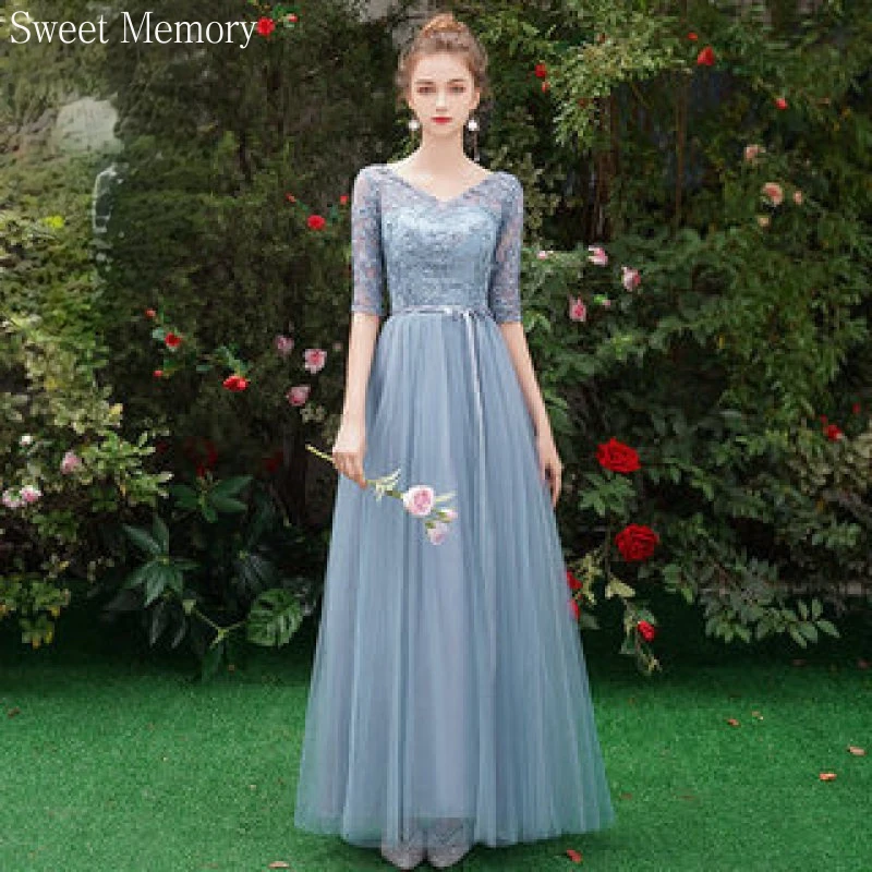 M399 Grijs Blauw Bruidsmeisje Dressses Tulle 2022 Lange Robe De Soiree Princess Gown Kant Half Mouwen Bruiloft Gast Jurk