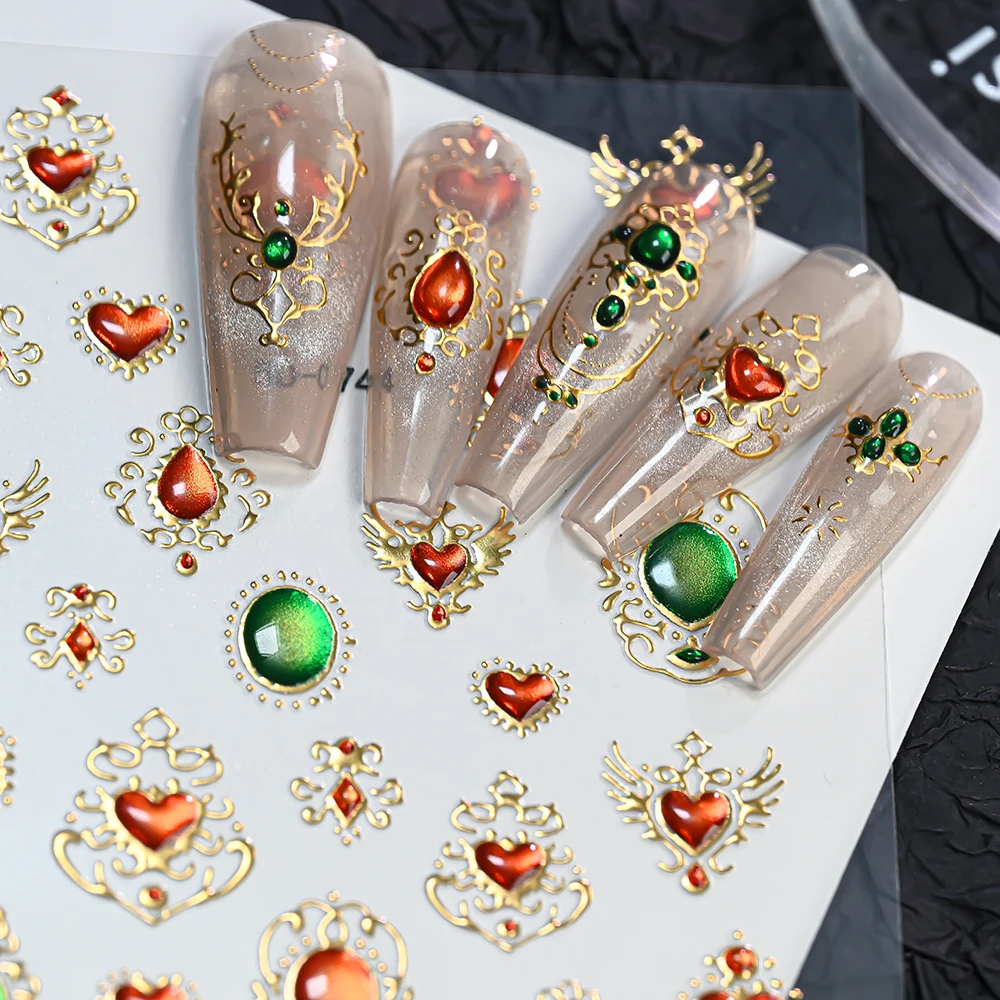 5D Embossed Retro Baroque Nail Sticker Gold Stamping Frame Nails Art Stickers Decals Red Green Purple Gemstone Manicure Slider