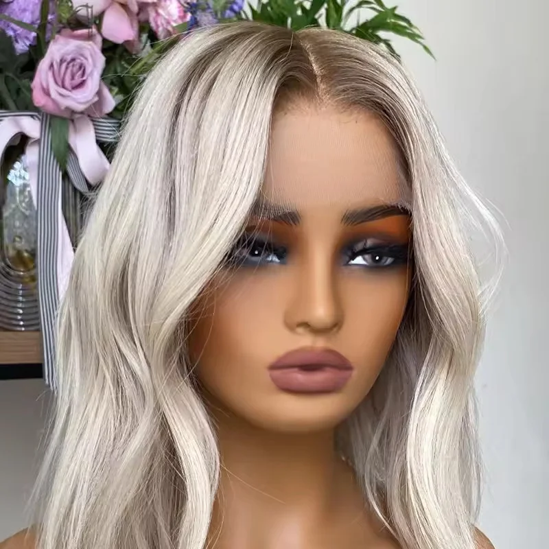 Short Wavy Ash Blonde Wigs with Brown Roots  Hair Lace Front Wigs
