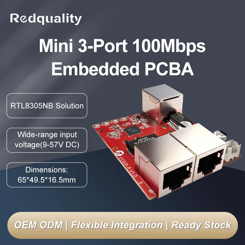Mini 100Mbps 3/5-Ports Embedded PCBA Switch with DC 9-57V Wide Input Voltage for Industrial Automation