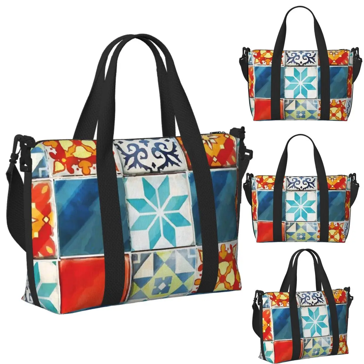 

Custom Colorful Azulejos Tiles From Azul Board Game Beach Travel Bag Tote Bags for Gym Yoga Women Shopping Duffle Shoulder Bag