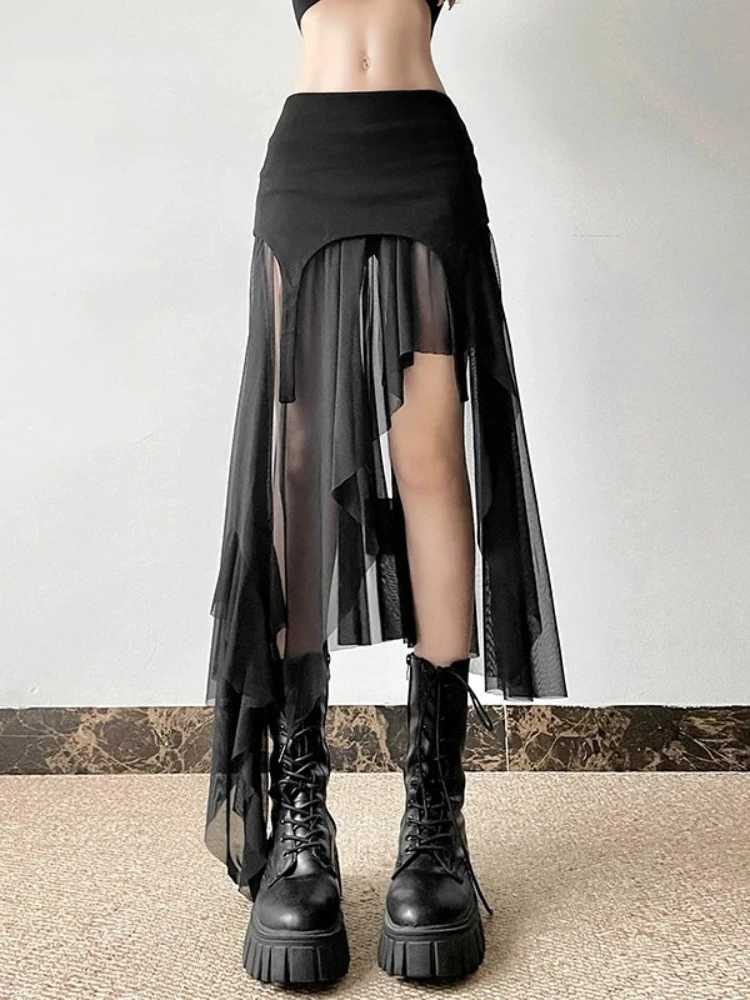 Midi Skirt Mesh Patchwork High Waist Slit Slimming Irregular Elegant Flattering Stylish Chic Gorgeous Summer Unique Dress