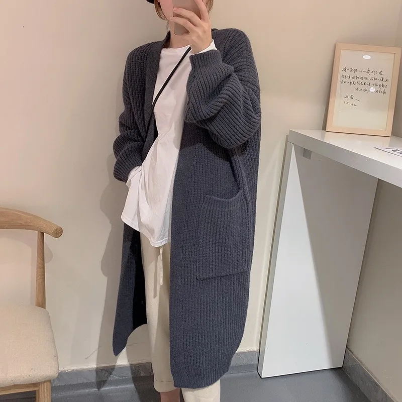 Korean-style Versatile Long-sleeved Laid-back Thick-wool Over-the-knee Sweater Women Autumn Winter Long Pocket Knitted Cardigan