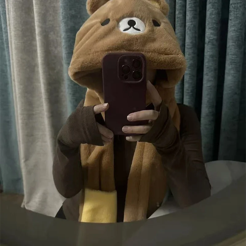 3 In 1 Plush Thick Hooded Hat Cute Cartoon Bear Fleece Winter Warm All In One Hood For Women Teens Kids Cozy Home Party Gift