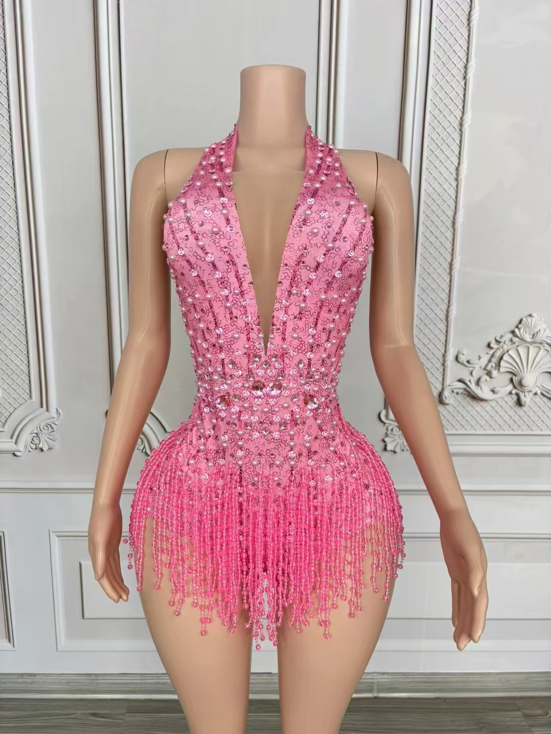 

European and American Sexy Deep V Pink TasseJumpsuit Gogo Female Singer Stage Collar DanceCostume Show Model Performance D230