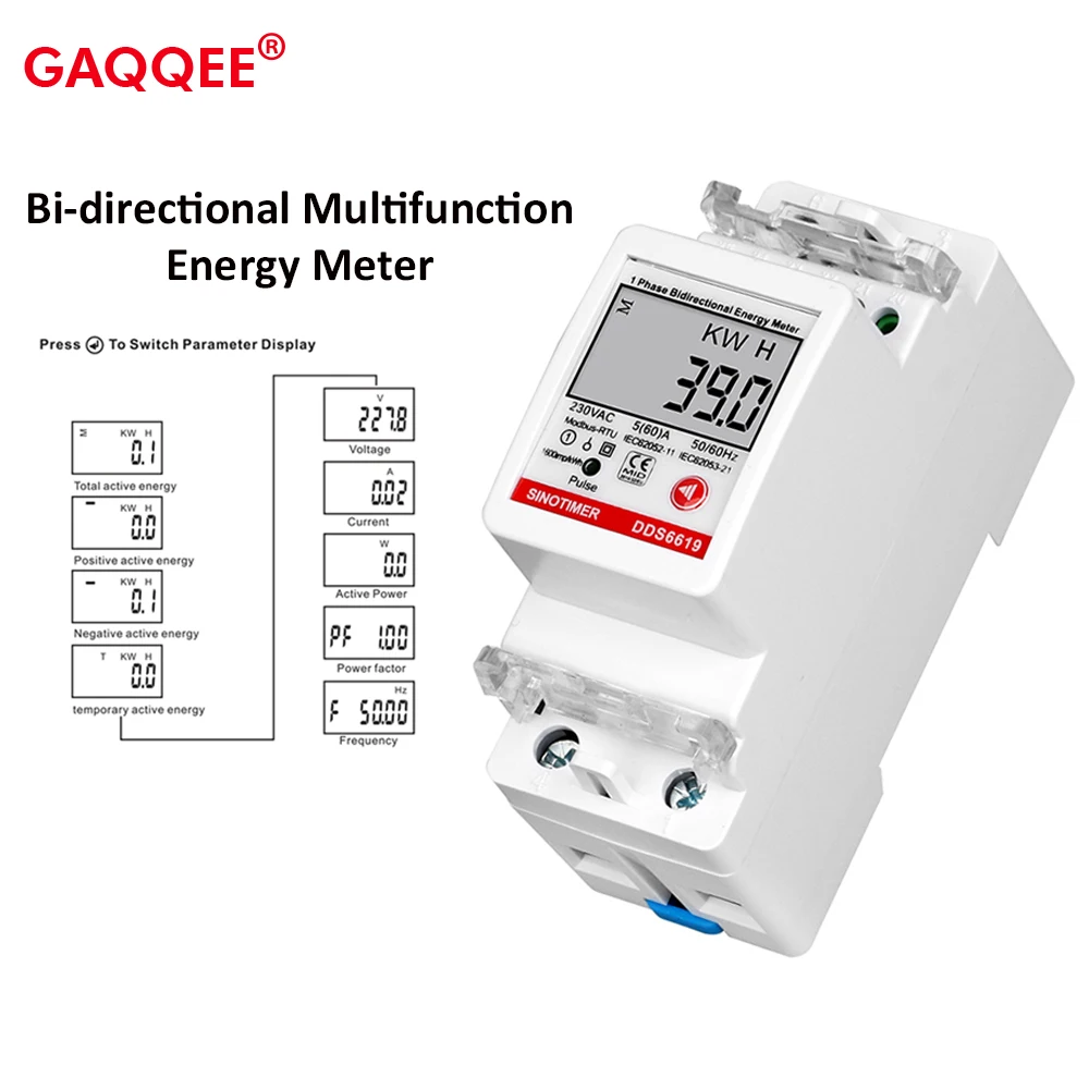 DDS6619-039 DIN-Rail Single-Phase Energy Meter Multifunction AC230V 5(60)A Voltage Current Power Energy Meter with RS485 Modbus