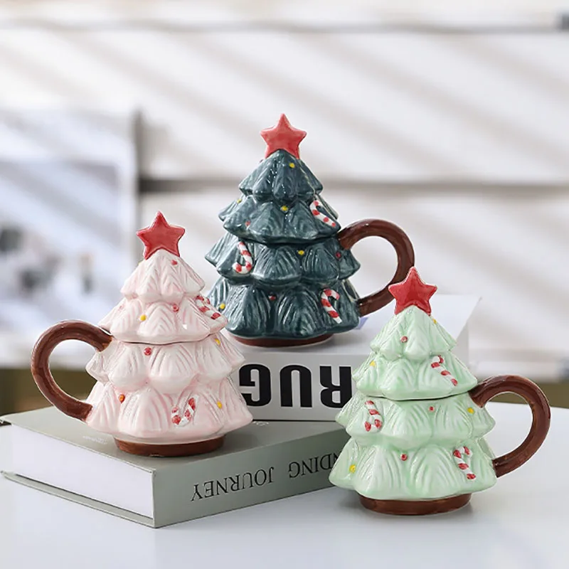 Ceramic Christmas Tree Coffee Cup with Lid Exquisite Afternoon Tea Flower Tea Coffee Latte Cup Household Breakfast Milk Mug Gift