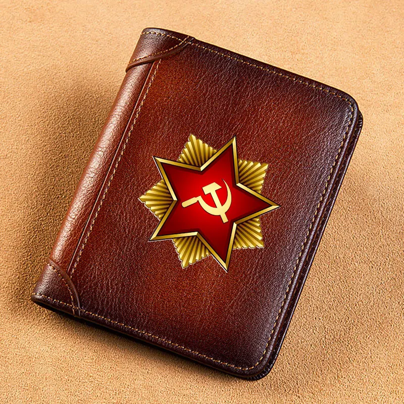 High Quality Genuine Leather Men Wallets Vintage Soviet Union Symbol USSR Short Card Holder Purse Luxury Brand Male Wallet