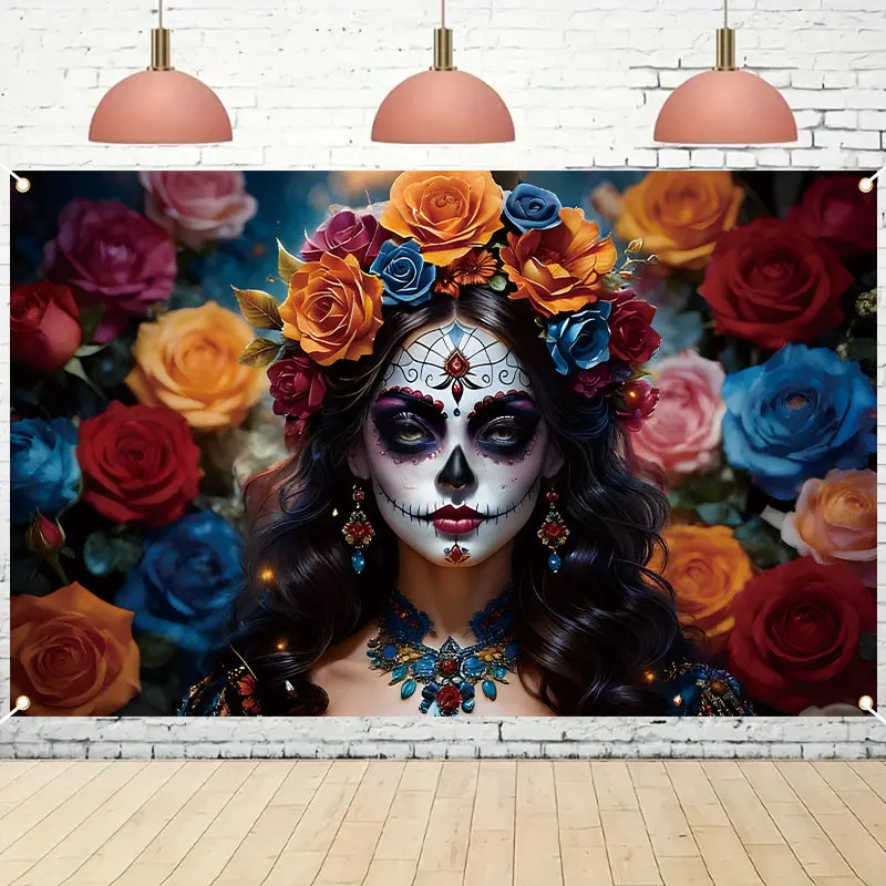 VIKAMA Day of the Dead Sugar Skull Tapestry Wall Hanging Mexican Folk Art Floral Colorful Aesthetic Wall Art Dorm Bedroom Decor