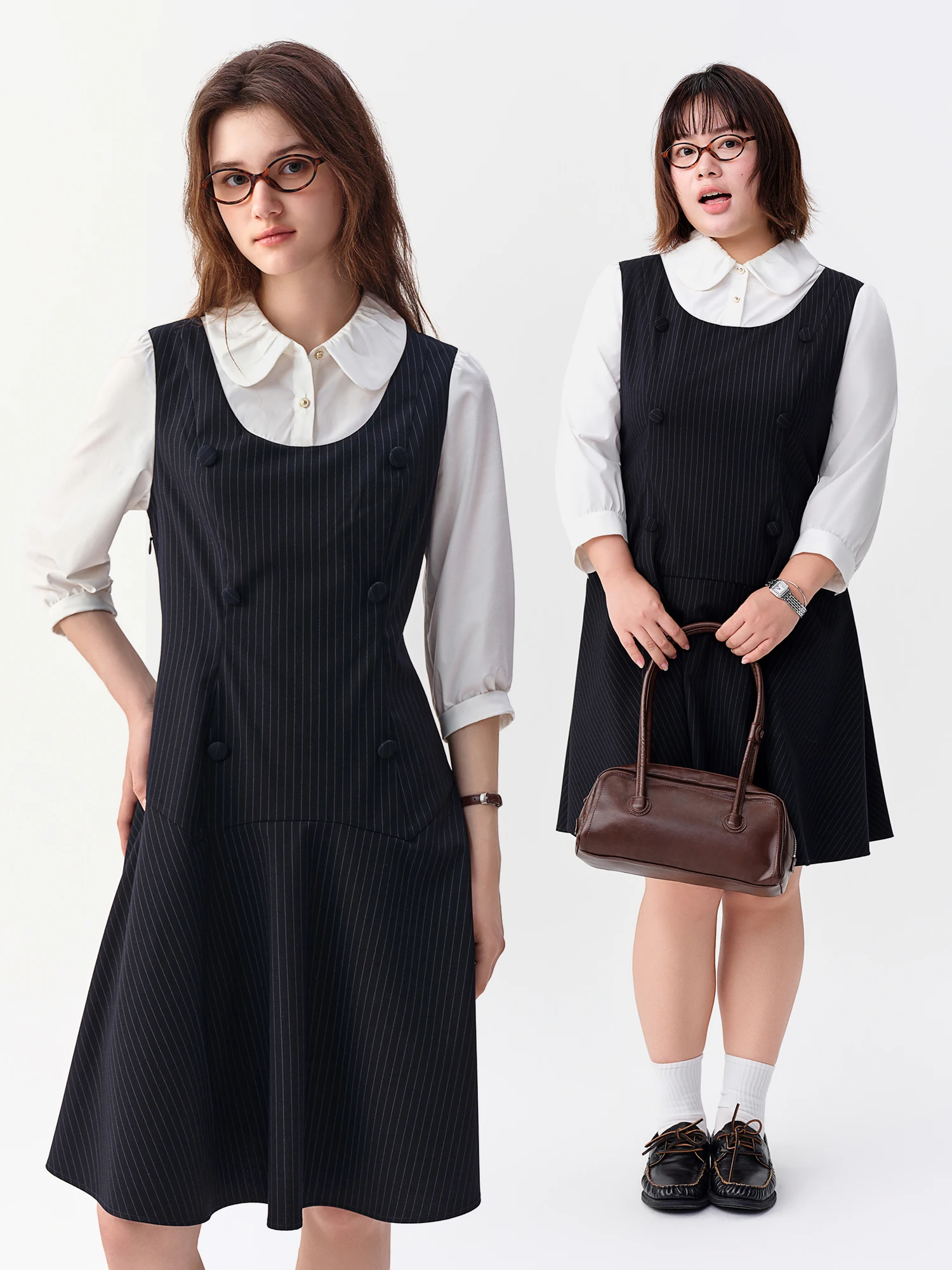 DUSHU 2026 Fall Women's Chic Preppy Faux Two-Piece Long Sleeve A-Line Dress with Waist-Defining Fit for Daily and Office Wear